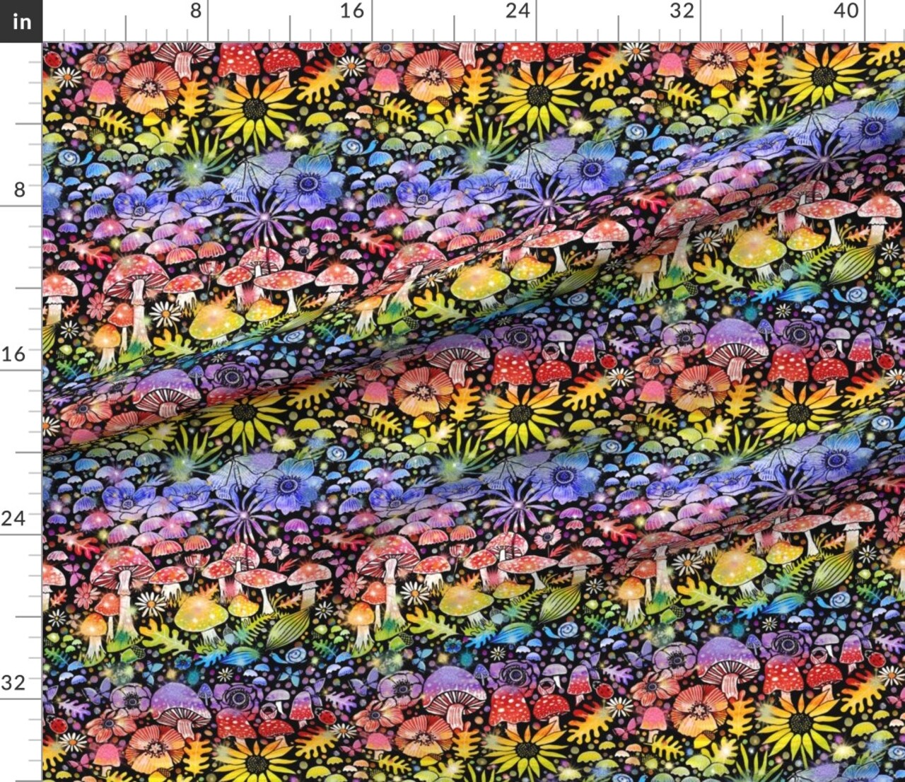 Rainbow Mushrooms Colorful Sunflower Anemone Botanical Woodland Red Blue Custom Printed Fabric by Spoonflower Various Fabrics by the Yard or Fat Quarter